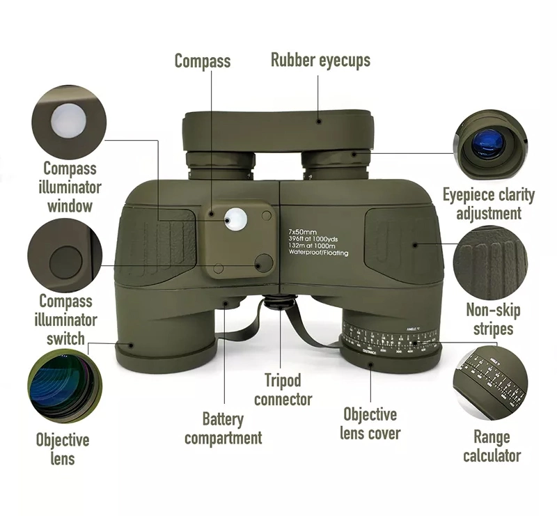 High Definition Waterproof Binoculars Bak4 Prism Fmc 7X50 Double Focus Green 7X ED Binoculars with Compass
